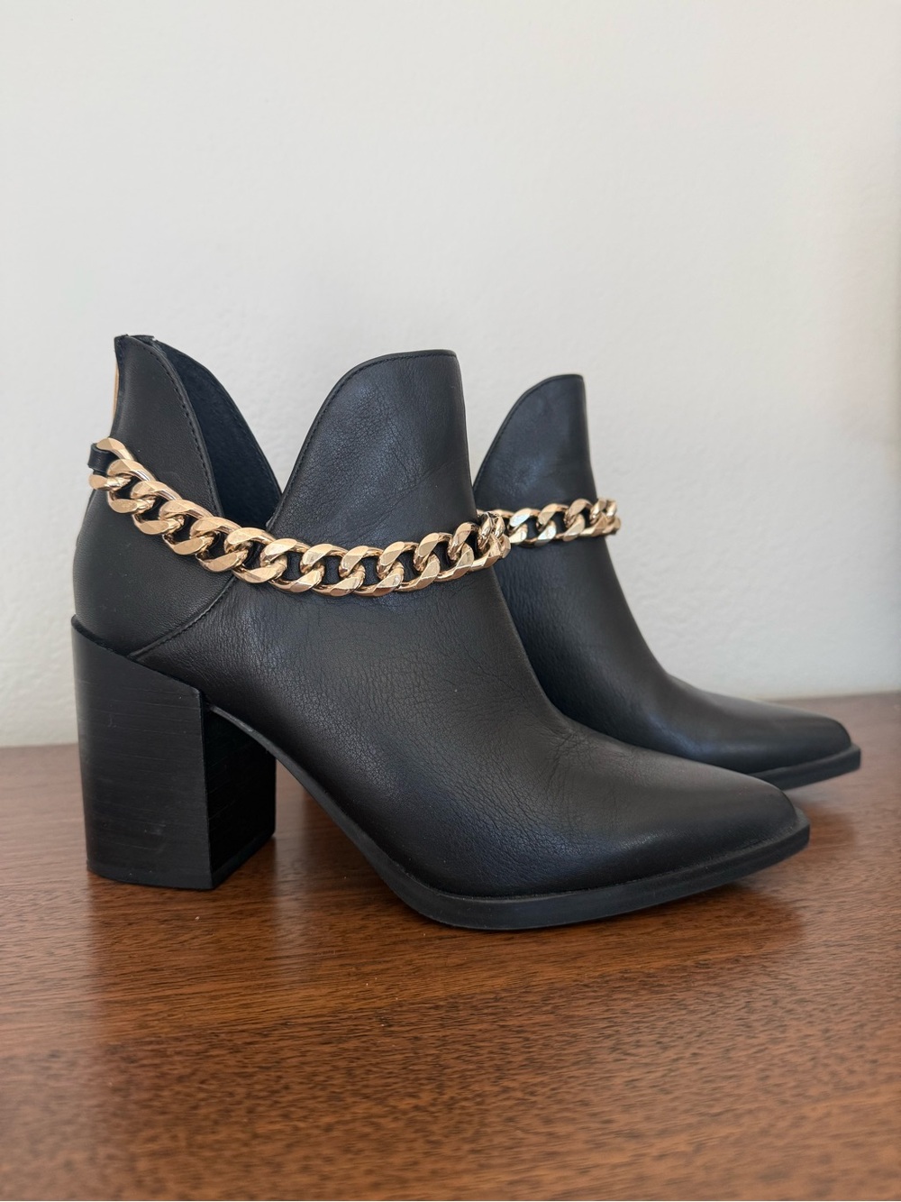 Steve Madden Black Leather Block Heel Booties with Gold Chain